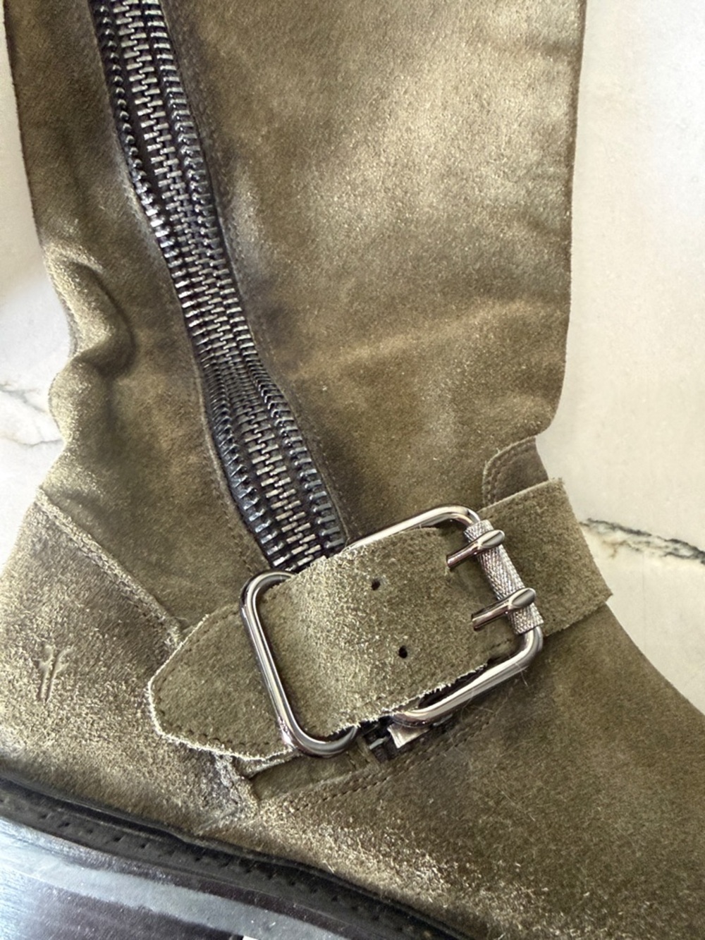 FRYE BOOTS Olive Suede Mid-Calf Zip Buckle Boots - Women 7.5 - Picture 9 of 10